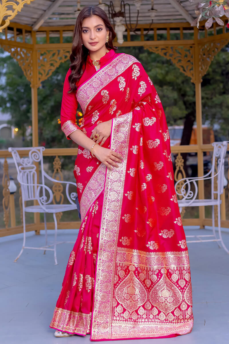 Enchanting Dark Pink Soft Banarasi Silk Saree With Imaginative Blouse Piece