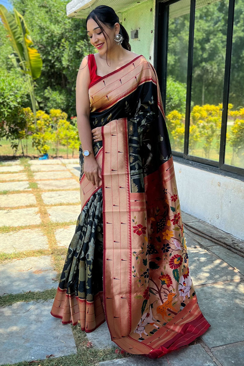 Allure Black Paithani Silk Saree With Elaborate Blouse Piece