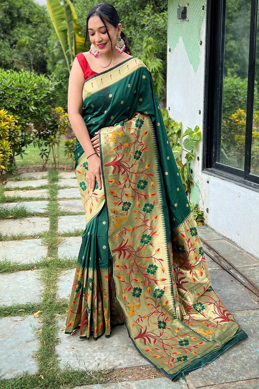 Gratifying Dark Green Paithani Silk Saree With Charming Blouse Piece