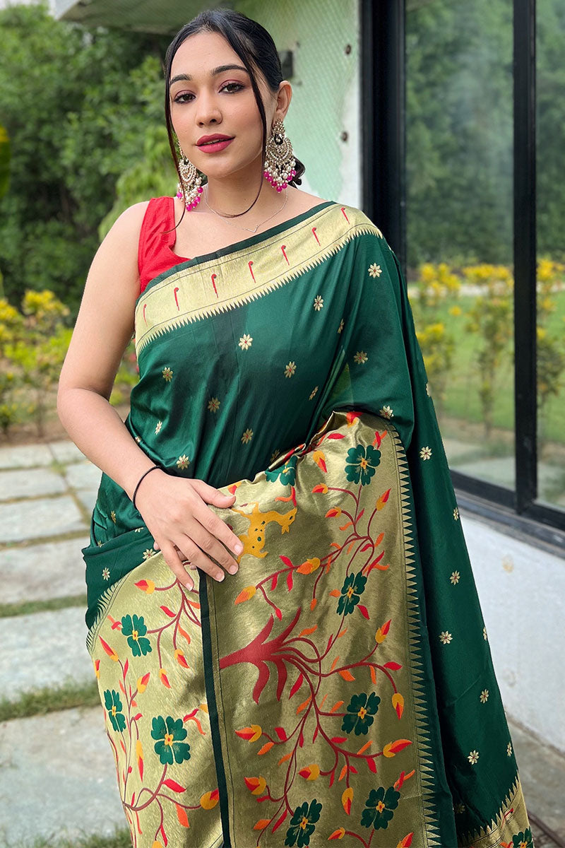 Gratifying Dark Green Paithani Silk Saree With Charming Blouse Piece