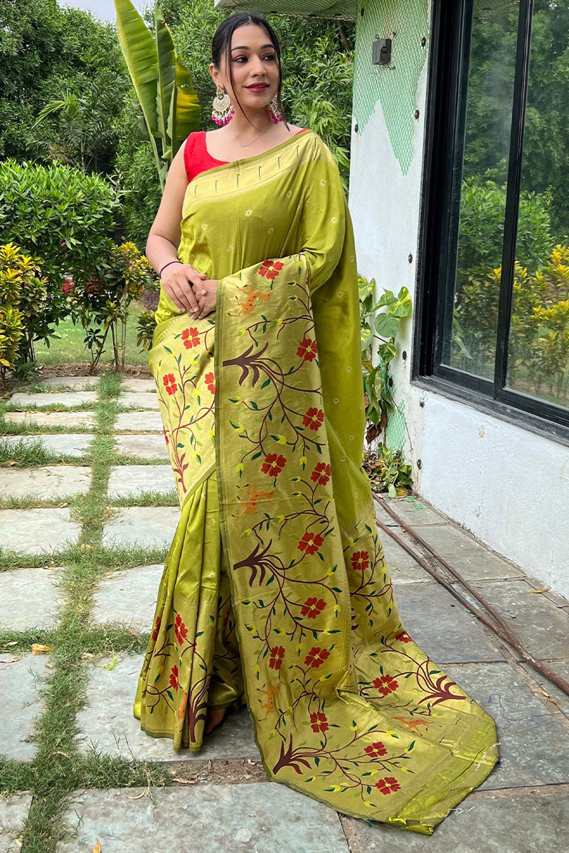 Ailurophile Mehndi Paithani Silk Saree With Effervescent Blouse Piece