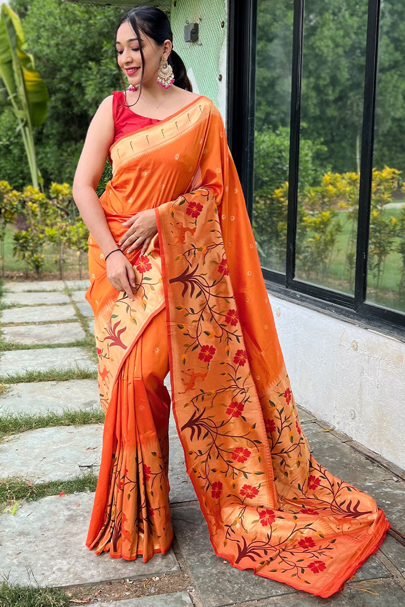 Gossamer Orange Paithani Silk Saree With Ratatouille Blouse Piece