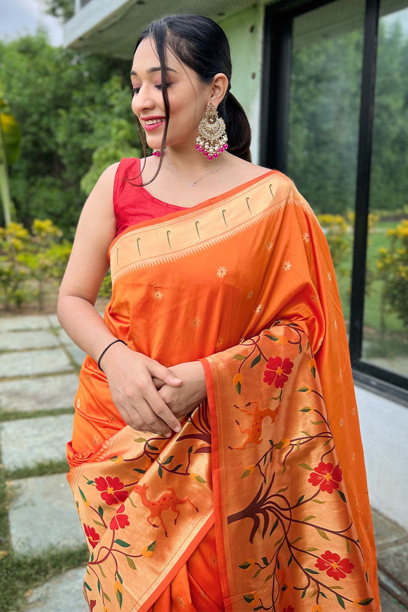 Gossamer Orange Paithani Silk Saree With Ratatouille Blouse Piece