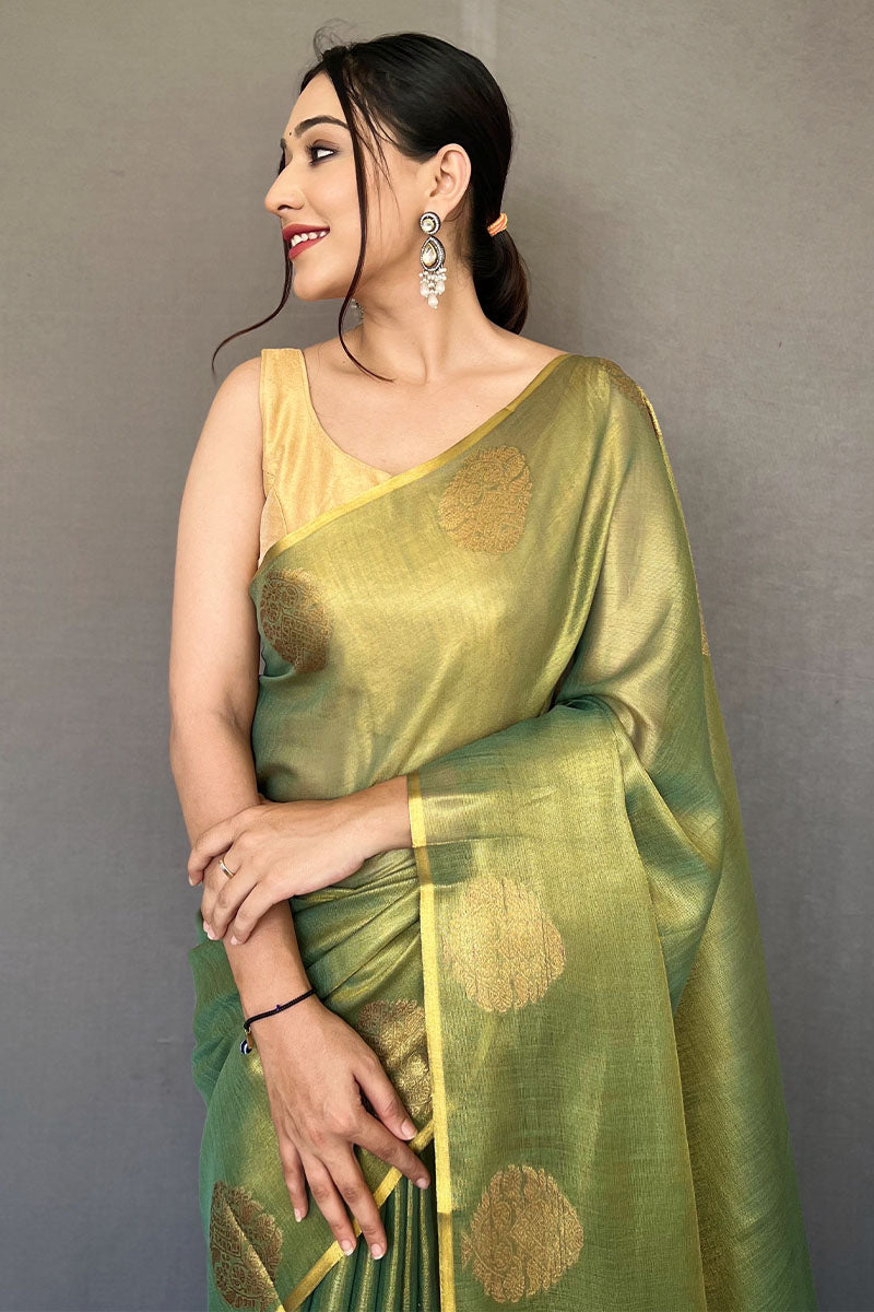 Ineffable Green Soft Banarasi Tissue Silk Saree With Nectarous Blouse Piece