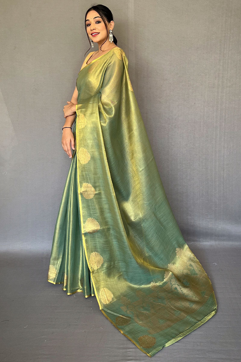 Ineffable Green Soft Banarasi Tissue Silk Saree With Nectarous Blouse Piece