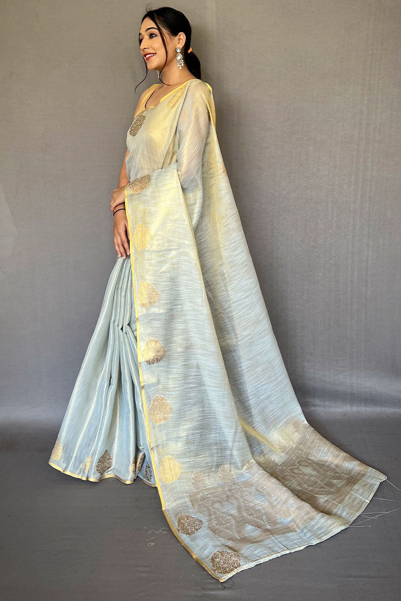 Enthralling Grey Soft Banarasi Tissue Silk Saree With Tantalizing Blouse Piece