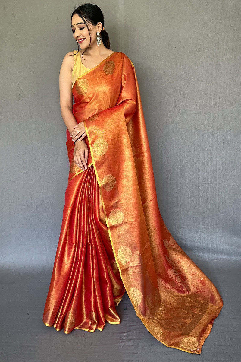 Opulent Orange Soft Banarasi Tissue Silk Saree With Luminous Blouse Piece