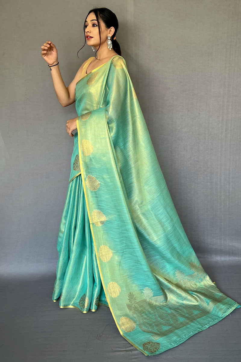 Grandiose Turquoise Soft Banarasi Tissue Silk Saree With Verdant Blouse Piece