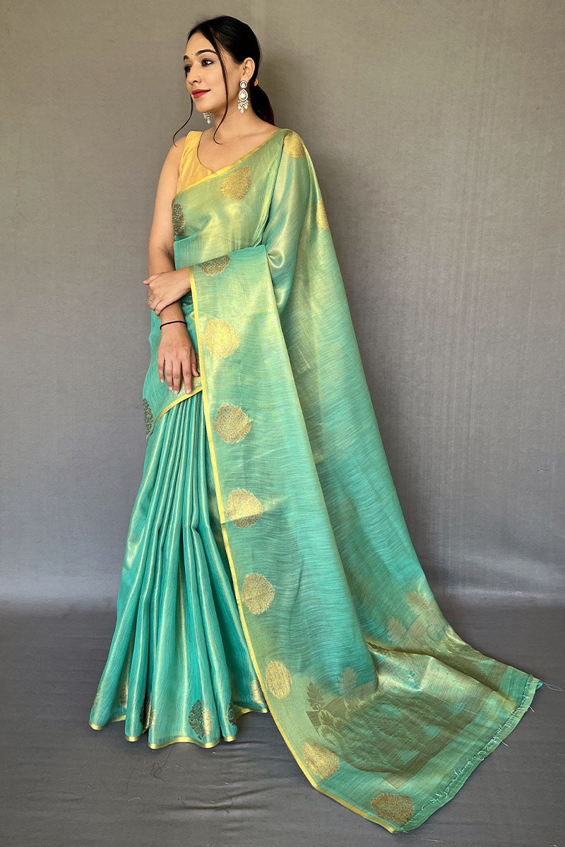 Grandiose Turquoise Soft Banarasi Tissue Silk Saree With Verdant Blouse Piece