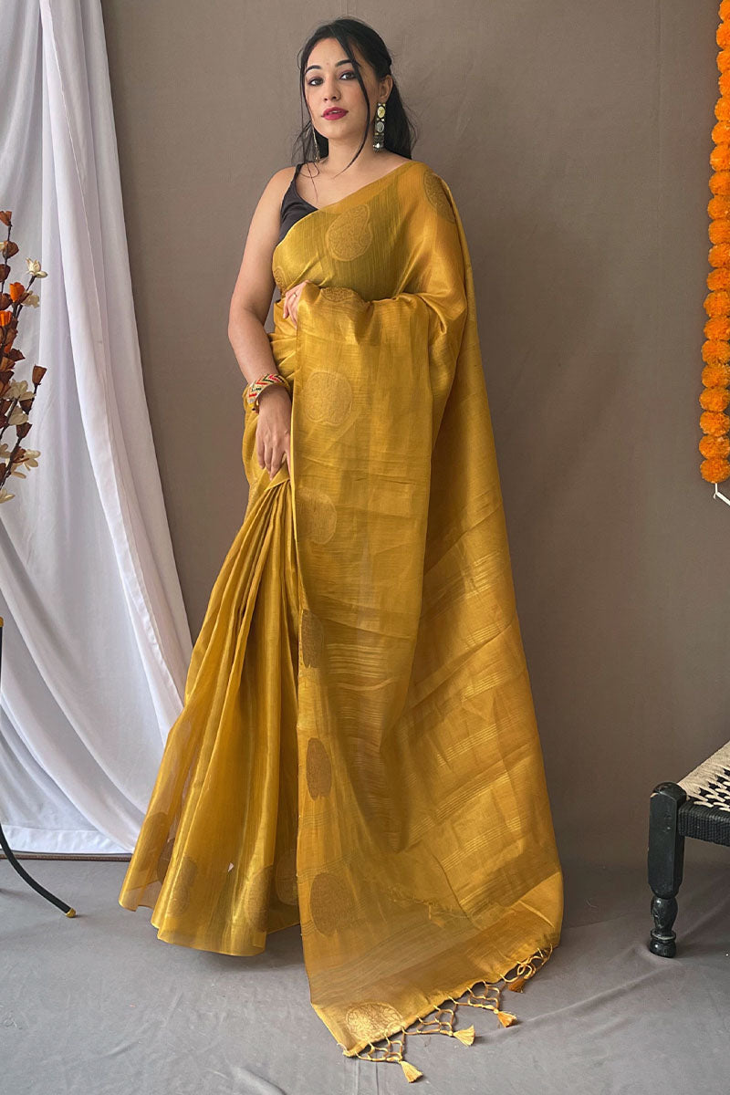 Jazzy Mustard Soft Banarasi Tissue Silk Saree With Majesty Blouse Piece