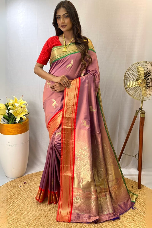 Cynosure Lavender Soft Banarasi Silk Saree With Eloquence Blouse Piece