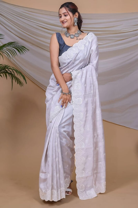 Attractive Grey Embroidery Work Soft Silk Saree With Sizzling Blouse Piece