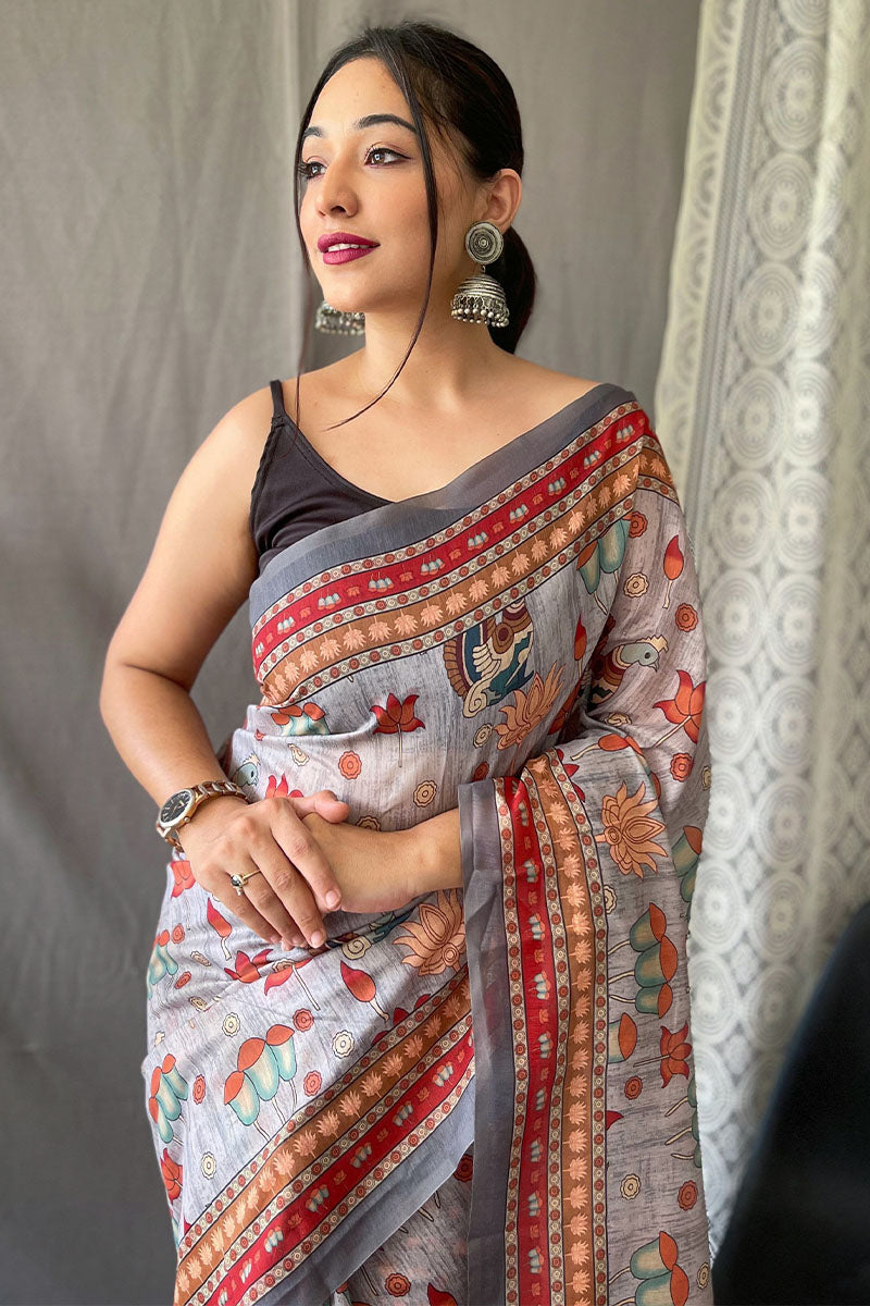 Fairytale Grey Kalamkari Printed Saree With Adorable Blouse Piece