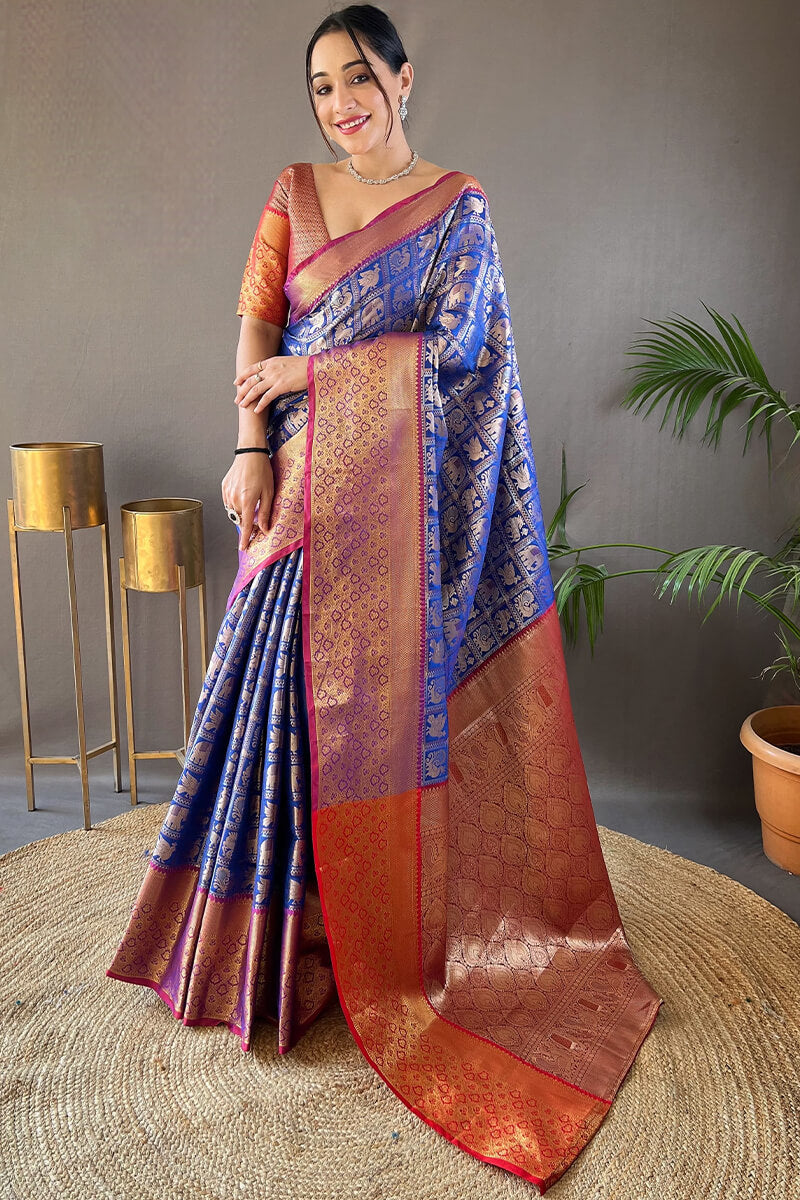 Assemblage Royal Blue Kanjivaram Silk Saree With Bucolic Blouse Piece