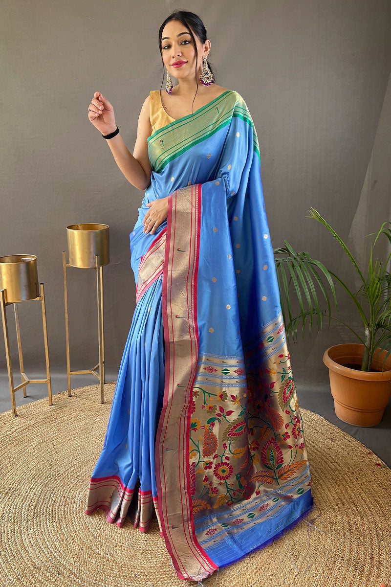 Attractive Firozi Paithani Silk Saree With Deserving Blouse Piece