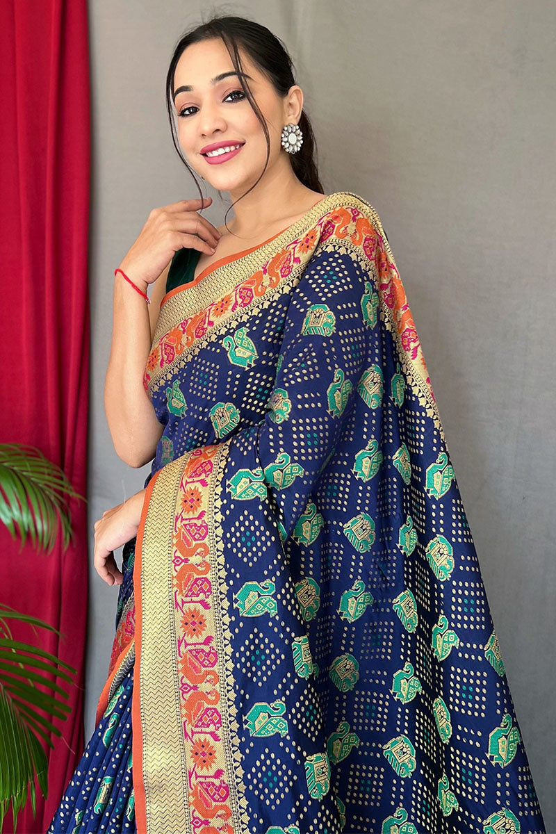 Gossamer Navy Blue Patola Silk Saree with Demure Blouse Piece