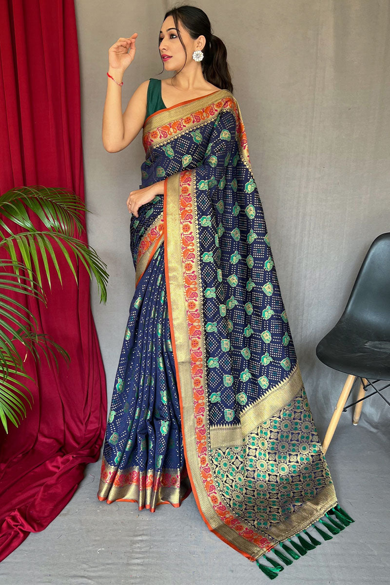 Gossamer Navy Blue Patola Silk Saree with Demure Blouse Piece