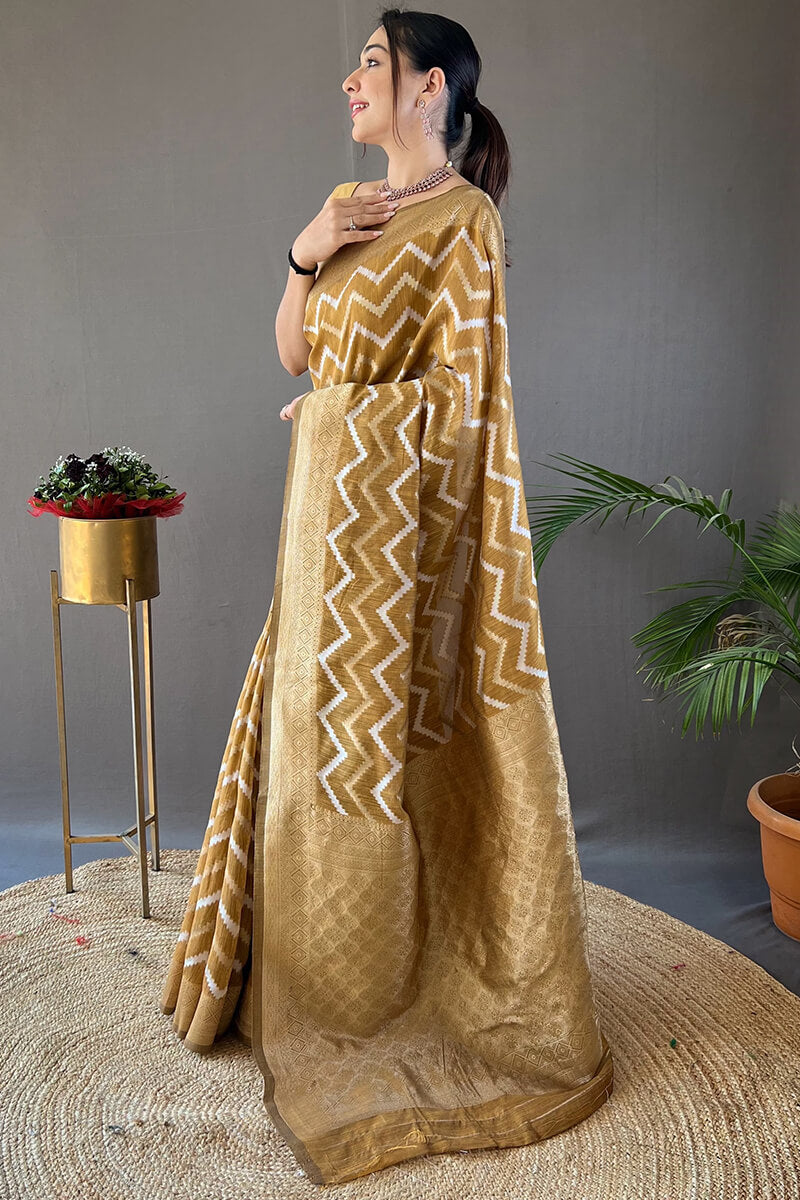 Beautiful Mustard Cotton Silk Saree With Intricate Blouse Piece