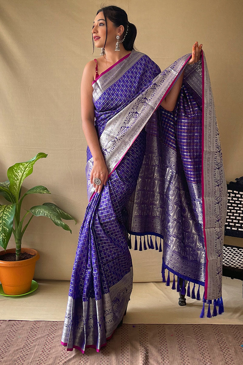 Murmurous Royal Blue Soft Banarasi Silk Saree With Lassitude  Blouse Piece