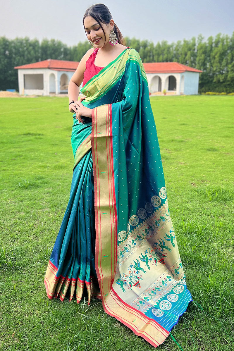 Gossamer Rama Paithani Silk Saree With Quintessential Blouse Piece