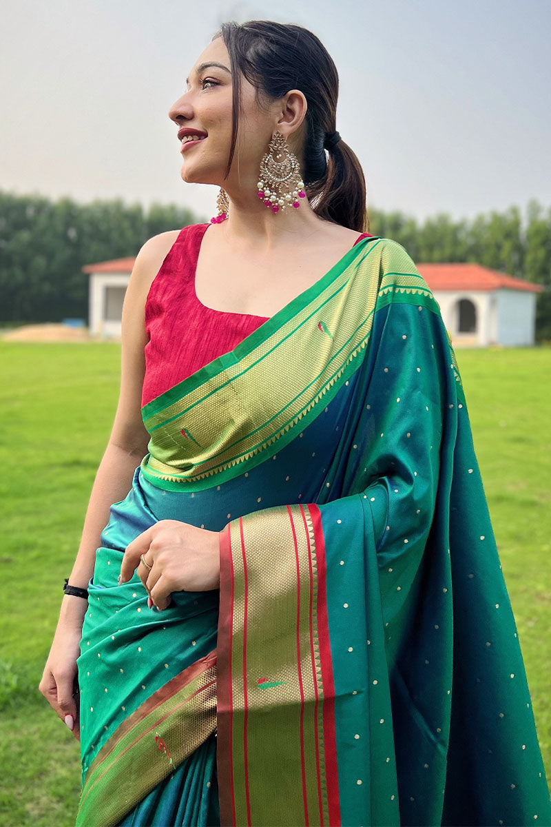 Gossamer Rama Paithani Silk Saree With Quintessential Blouse Piece