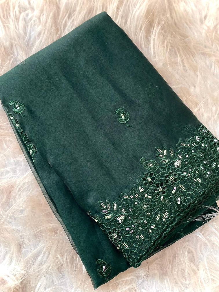 Beautiful Dark Green Embroidery Work Organza Silk Saree With Deserving Blouse Piece