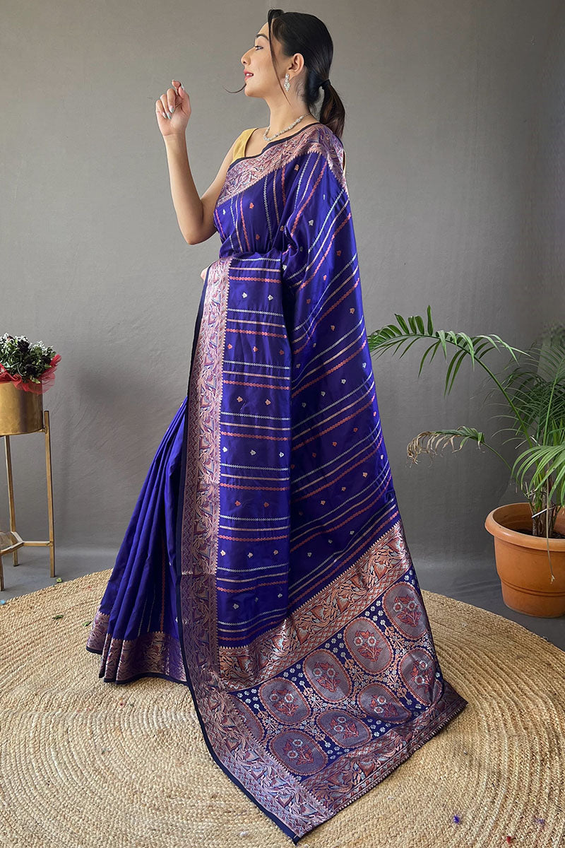 Groovy Royal Blue Soft Banarasi Silk Saree With Blooming Blouse Piece