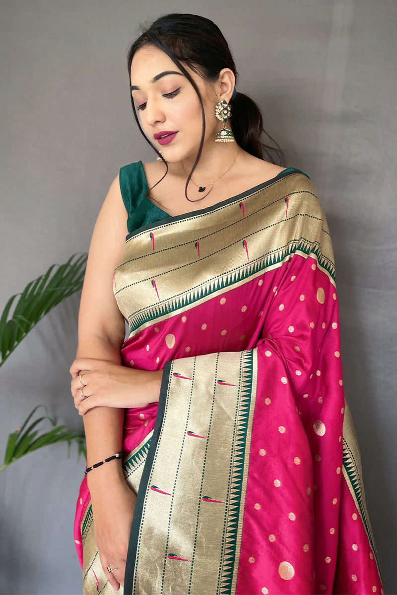 Extraordinary Dark Pink Paithani Silk Saree With Pretty Blouse Piece