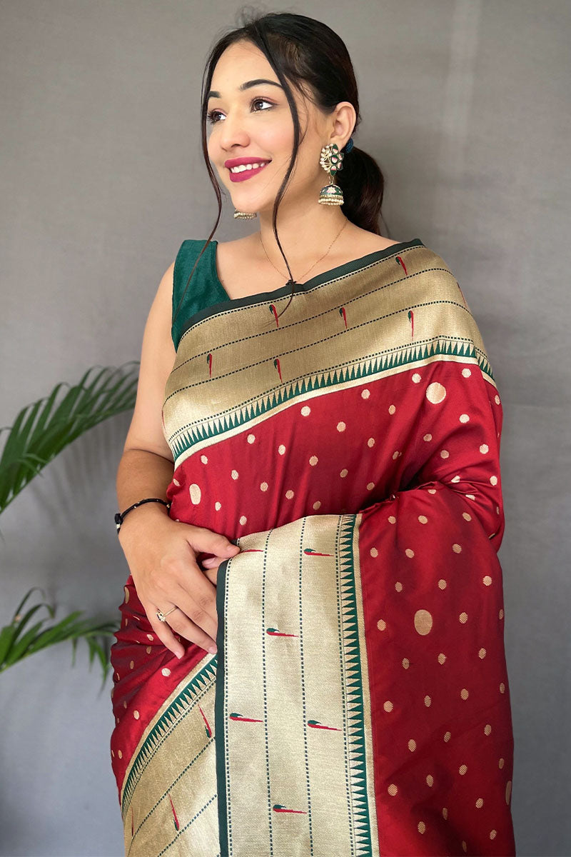 Exuberant Red Paithani Silk Saree With Snazzy Blouse Piece