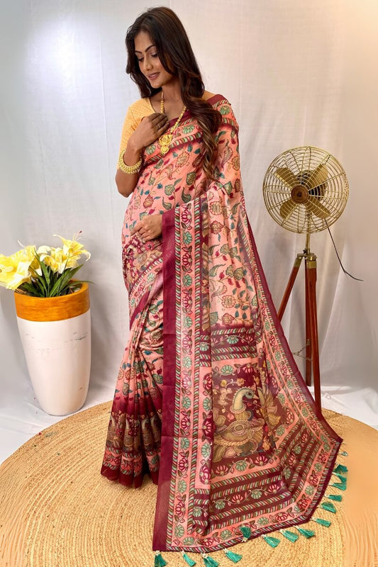 Exquisite Pink Kalamkari Printed Saree With Resonant Blouse Piece