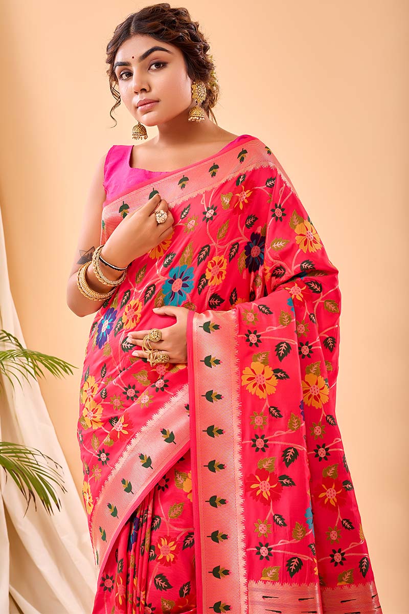 Ailurophile Dark Pink Paithani Silk Saree With Admirable Blouse Piece