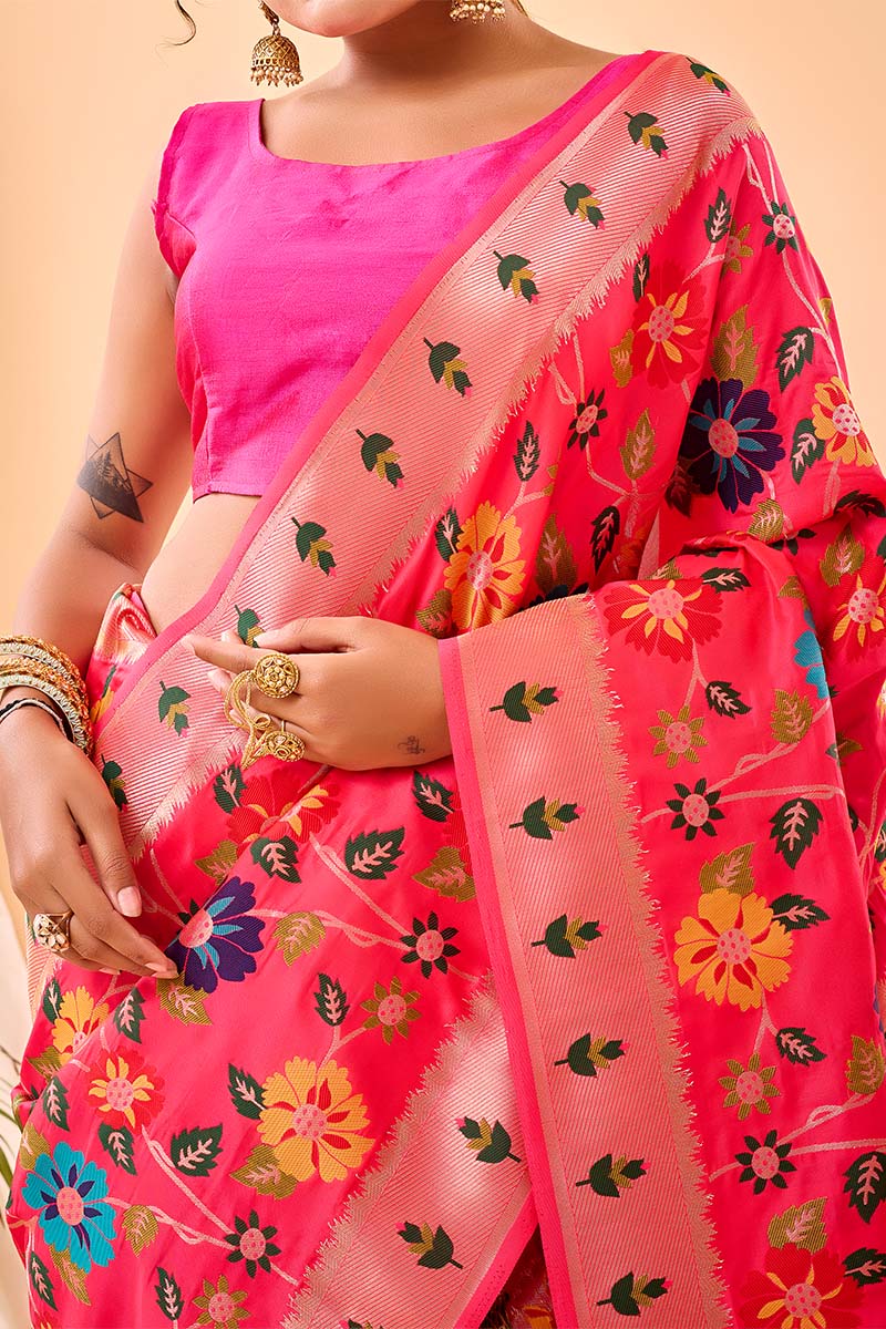 Ailurophile Dark Pink Paithani Silk Saree With Admirable Blouse Piece