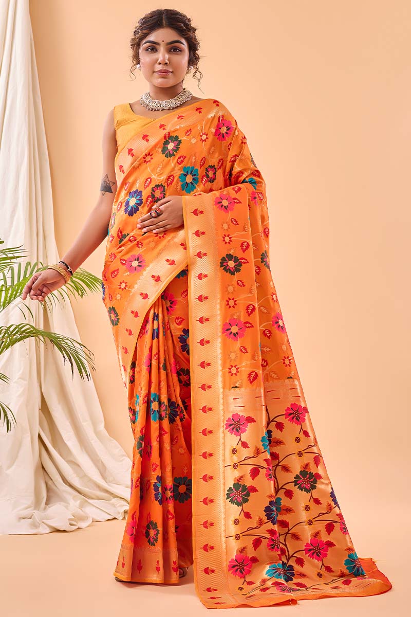 Angelic Orange Paithani Silk Saree With Desuetude Blouse Piece