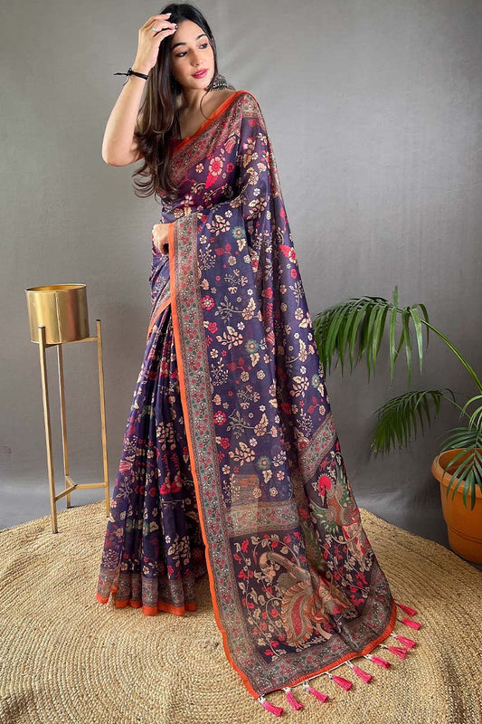 Fancifull Navy Blue Kalamkari Printed Saree With Twirling Blouse Piece