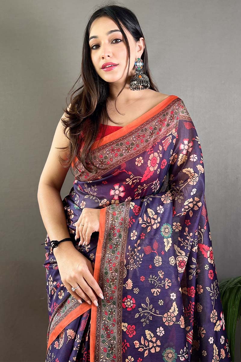 Fancifull Navy Blue Kalamkari Printed Saree With Twirling Blouse Piece