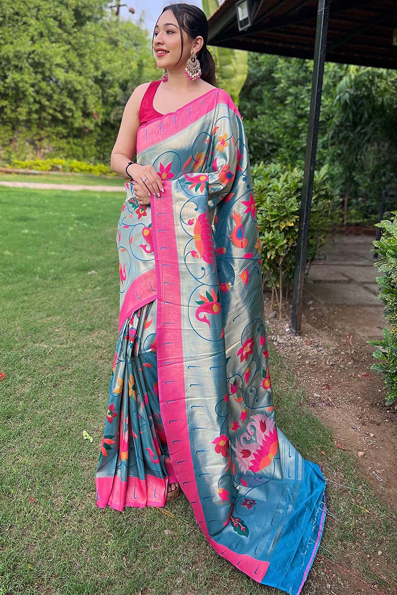 Allure Firozi Paithani Silk Saree With Energetic Blouse Piece