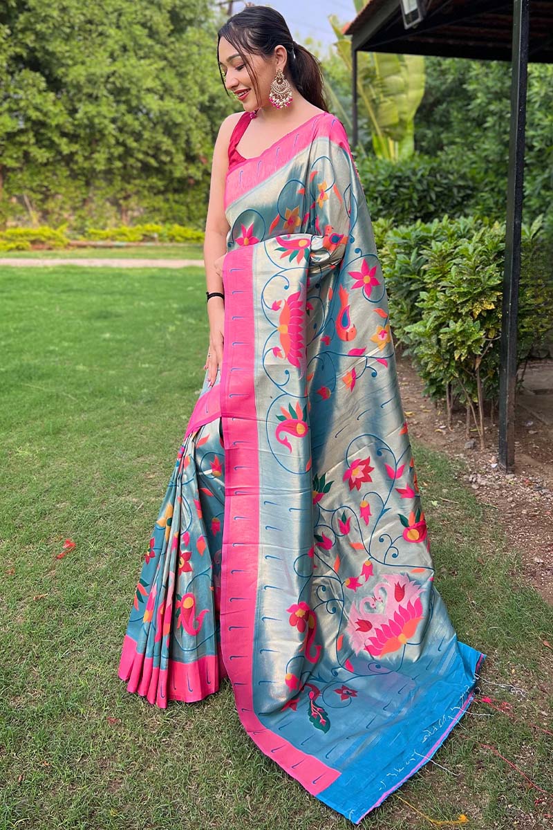 Allure Firozi Paithani Silk Saree With Energetic Blouse Piece