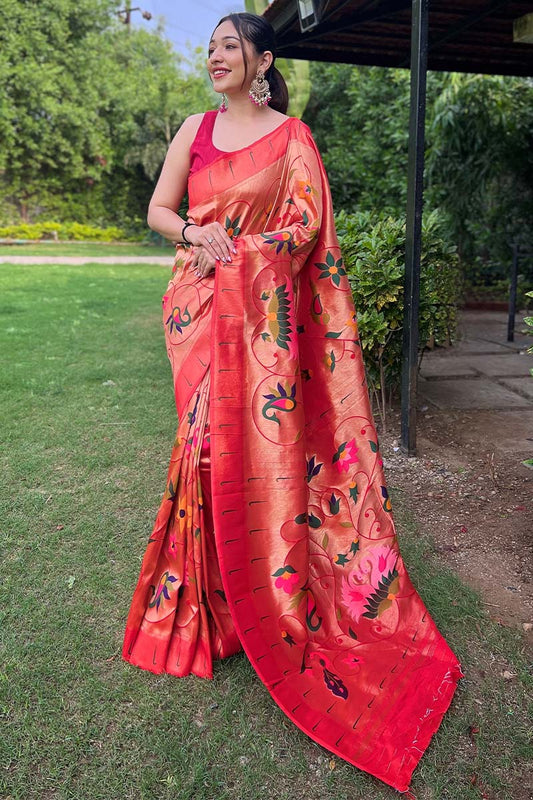 Exemplary Red Paithani Silk Saree With Staring Blouse Piece