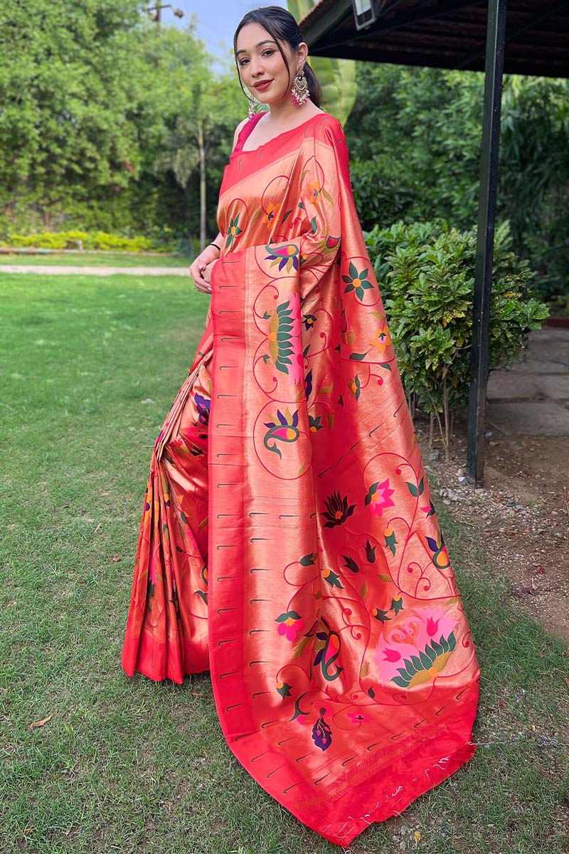 Exemplary Red Paithani Silk Saree With Staring Blouse Piece