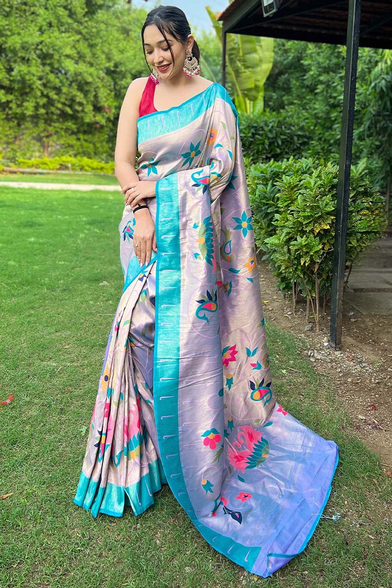 Beguiling Sky Paithani Silk Saree With Breathtaking Blouse Piece