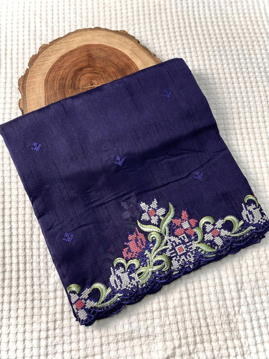 Fancifull Navy Blue Embroidery Work Tussar Silk Saree With Stunner Blouse Piece