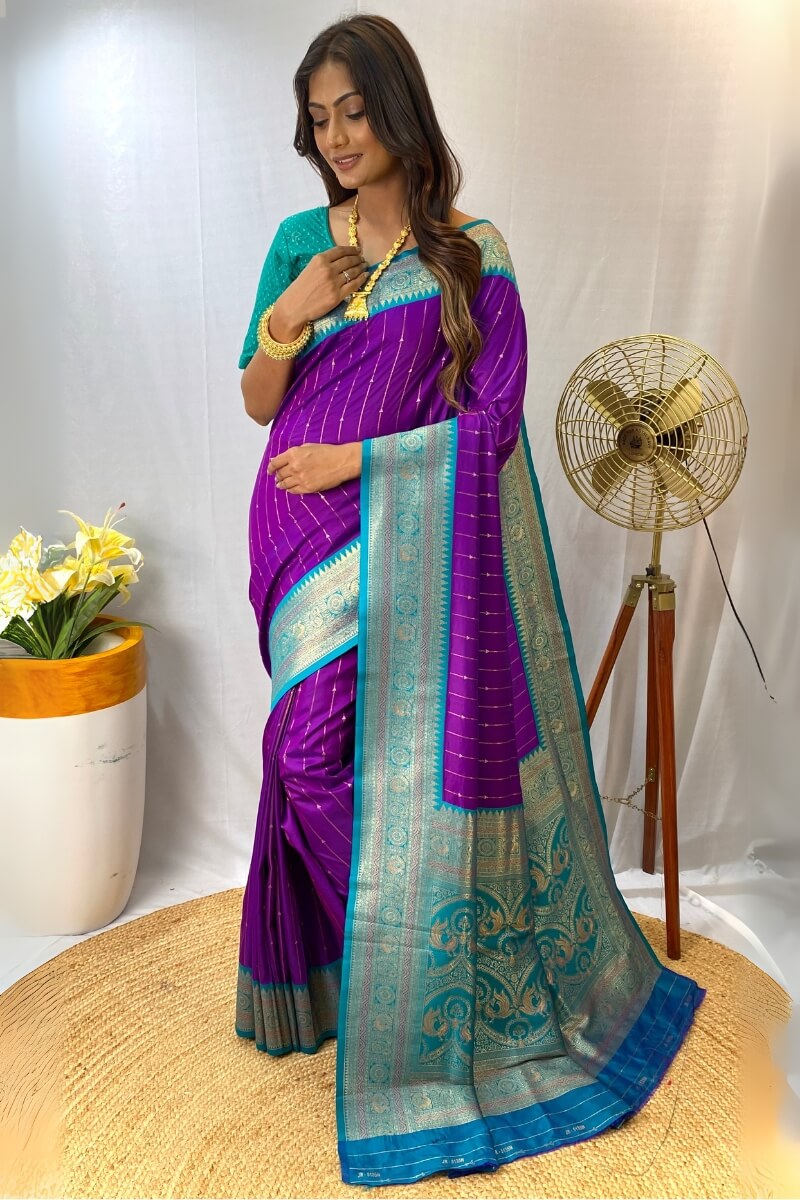 Ephemeral Purple Soft Banarasi Silk Saree With Moiety Blouse Piece