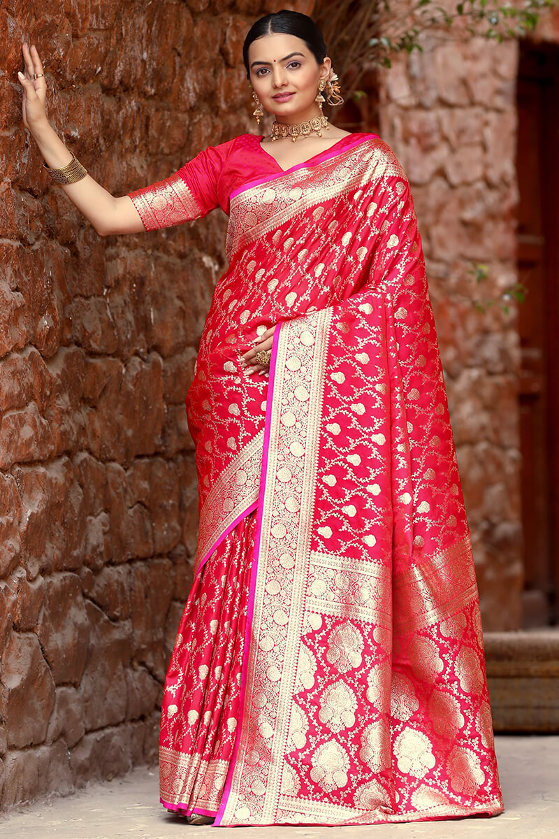 Attractive Dark Pink Soft Banarasi Silk Saree With Amazing Blouse Piece