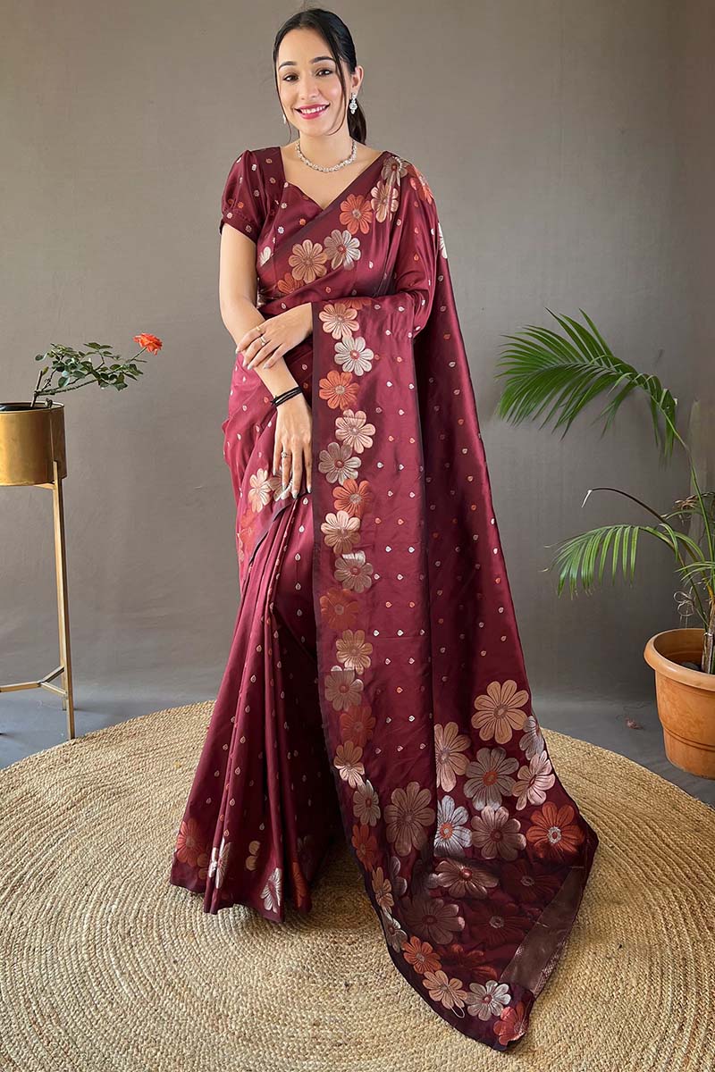 Mesmerising Maroon Soft Banarasi Silk Saree With Capricious Blouse Piece