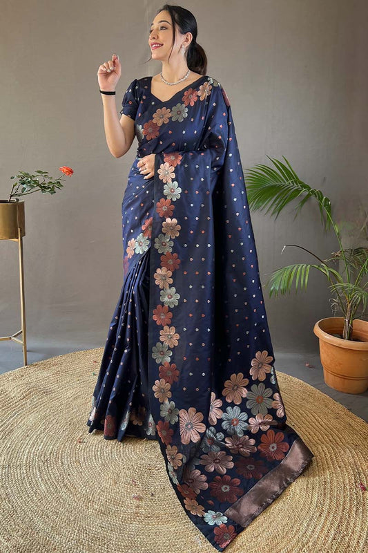 Deserving Navy Blue Soft Banarasi Silk Saree With Intricate Blouse Piece