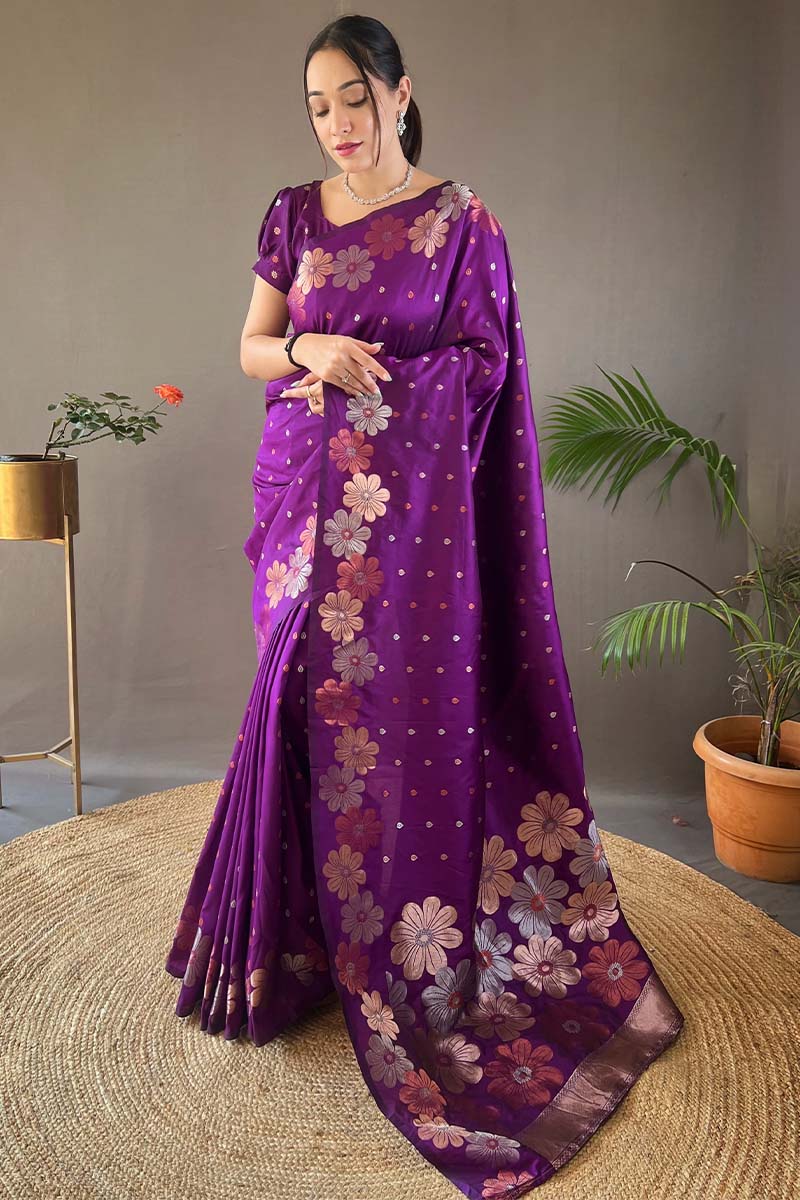 Blooming Purple Soft Banarasi Silk Saree With Hypnotic Blouse Piece