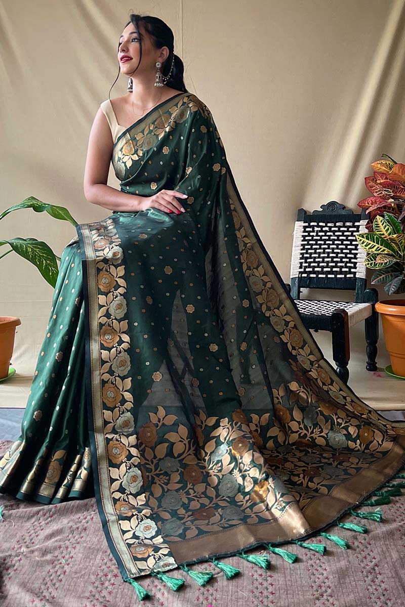 Nemesis Dark Green Soft Banarasi Silk Saree With Quintessential Blouse Piece