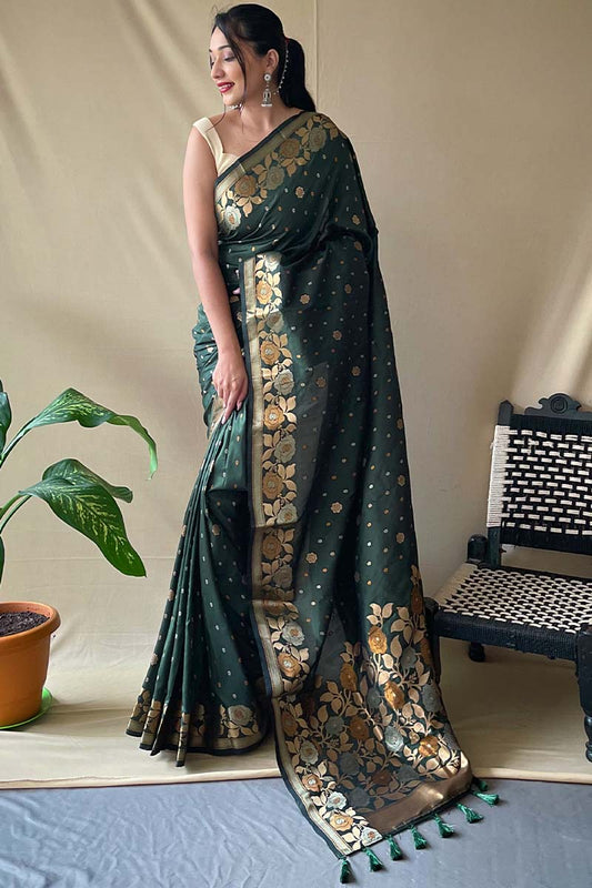 Nemesis Dark Green Soft Banarasi Silk Saree With Quintessential Blouse Piece