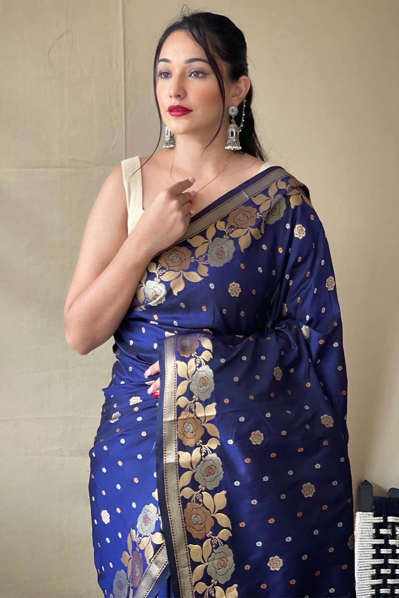 Magnetic Navy Blue Soft Banarasi Silk Saree With Incredible Blouse Piece