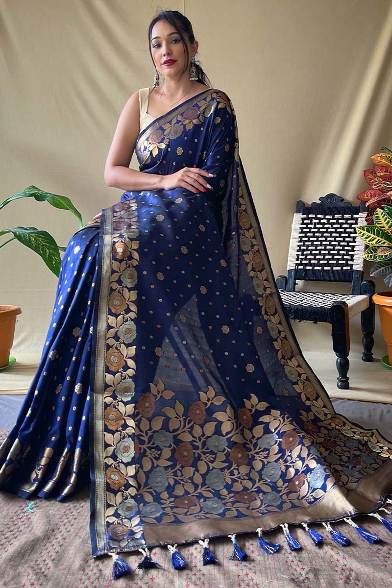 Magnetic Navy Blue Soft Banarasi Silk Saree With Incredible Blouse Piece